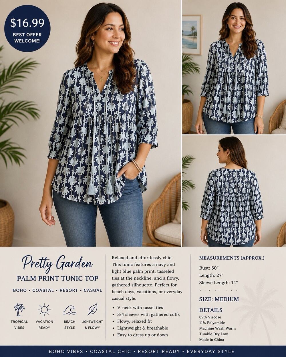 Pretty Garden Women’s Medium Navy Blue Palm Print Boho Tunic Top Tassel Tie EUC